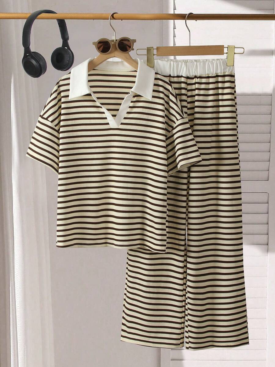 Mädchen Set aus strukturiertem Stoff gestreiftem Kontrast-Farbton Jacquard Poloshirt mit kurzen Ärmeln + Kontrast Taillenbund weite Hose, Lässig Outfit - Aprikosenfarben - Übersicht 1