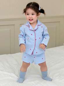 DAZY Infant/Toddler Girls' Heart Print Long Sleeve Shirt And Shorts Casual Loungewear Set - Blue - View 1