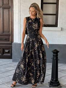 SHEIN Raffinéa 优雅无袖圆领荷叶边金属印花连衣裙，适合中东女性 - 黑色 - 查看 4