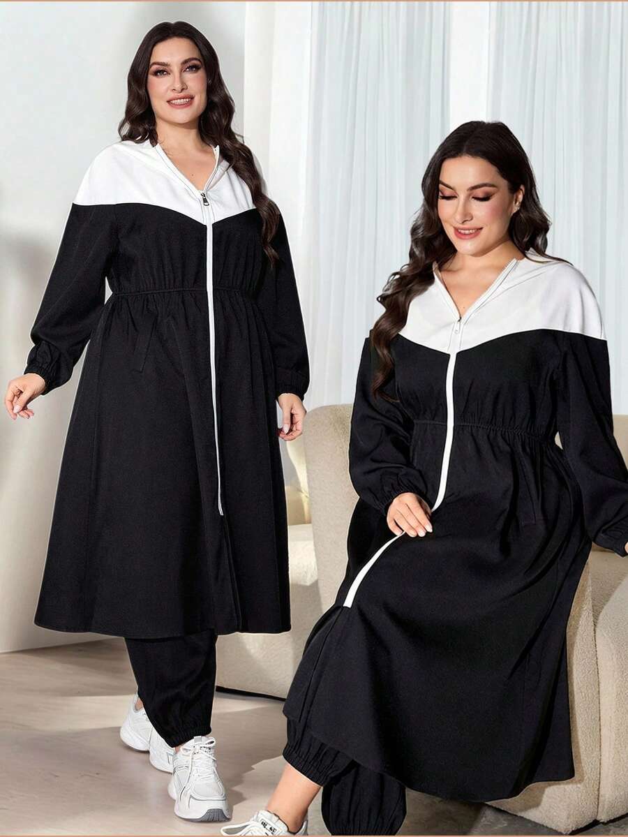 Modelyn 2pcs/Set Plus Size Contrast Color Hooded Zip-Up Long Jacket And Drawstring Pants Fall