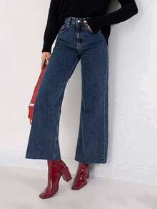 SHEIN PETITE 100%Cotton Raw Hem Wide Leg Jeans Petite - Dark Wash - View 3