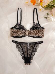 2pcs Women Leopard Print Lace Patchwork Front Closure Wireless Thin Cup Comfortable Lingerie Set - Multicolor - View 2