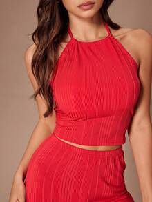 Lazeform Women's Ribbed Knit Halter Jumpsuit Sleepwear - Red - View 6