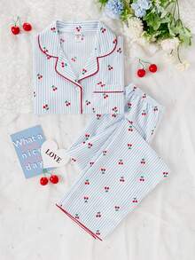 Genkimix Kids School Girl Pajamas - Cute Cherry Print Long Pants And Cardigan 2 Pieces Casual Loungewear Set For Tween Girls Cherry Pajama Set - Multicolor - View 5