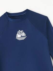 SHEIN Boys Swim Set - 2 Pieces UPF 50+ Swim Trunks And Rash Guard For Boys Teen Boy Swimwear Long Sleeves Bathing Suits With Trunks Quick Dry Swim Shirts Set 12-16Y Boys Rash Guard Top Teen Rash Guard Boys Long Sleeve Swim Teen Boys Swim Shirt - Navy Blue - View 4