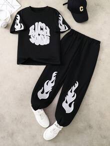 Coolqubz 2pcs/Set Tween Boys Black T-Shirt And Pants Outfit,Soft Comfortable Fabric,Summer Streetwear For City Break,Outdoor Activities Photography School - Black - View 7