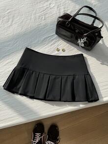 Comfortcana Plus High Waist Pleated Hem Mini Skirt - Black - View 4