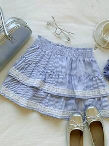 Comfortcana Chân váy xòe kẻ sọc dáng rộng, đa năng, thích hợp mặc hàng ngày, dành cho nữ cỡ lớn. - Xanh và trắng - Xem 2