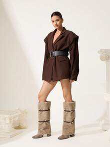 CUCCOO CHICEST Women's Fashionable Commuter Fuzzy Buckle Thick High Heel Knee-High Boots For Christmas - Khaki - View 3