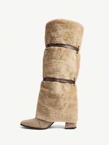 CUCCOO CHICEST Women's Fashionable Commuter Fuzzy Buckle Thick High Heel Knee-High Boots For Christmas - Khaki - View 11