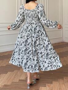 Vibekara Casual Elegant Retro Princess Palace Medieval Lace-Up Bustier Print A-Line Dress For Plus Size Women - Black and White - View 2