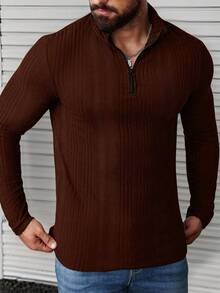 Manfinity CasualCool Maglietta a maniche lunghe con mezza patta e costine, di colore unito, da uomo - Marrone ruggine - Visualizzare 6