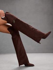 CUCCOO SZL Women's Pointed Toe Lock Decor Fashionable Elegant High Heel Over-The-Knee Boots - Coffee Brown - View 5