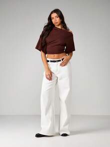 MISSGUIDED Off Shoulder Draped Long Sleeve Crop Top With Asymmetric Neckline And Ruched Waist Detail - Brown - View 3