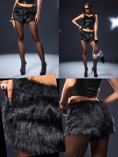 Grunge Punk Shorts negros con peluche sexy para mujer, estilo Y2K