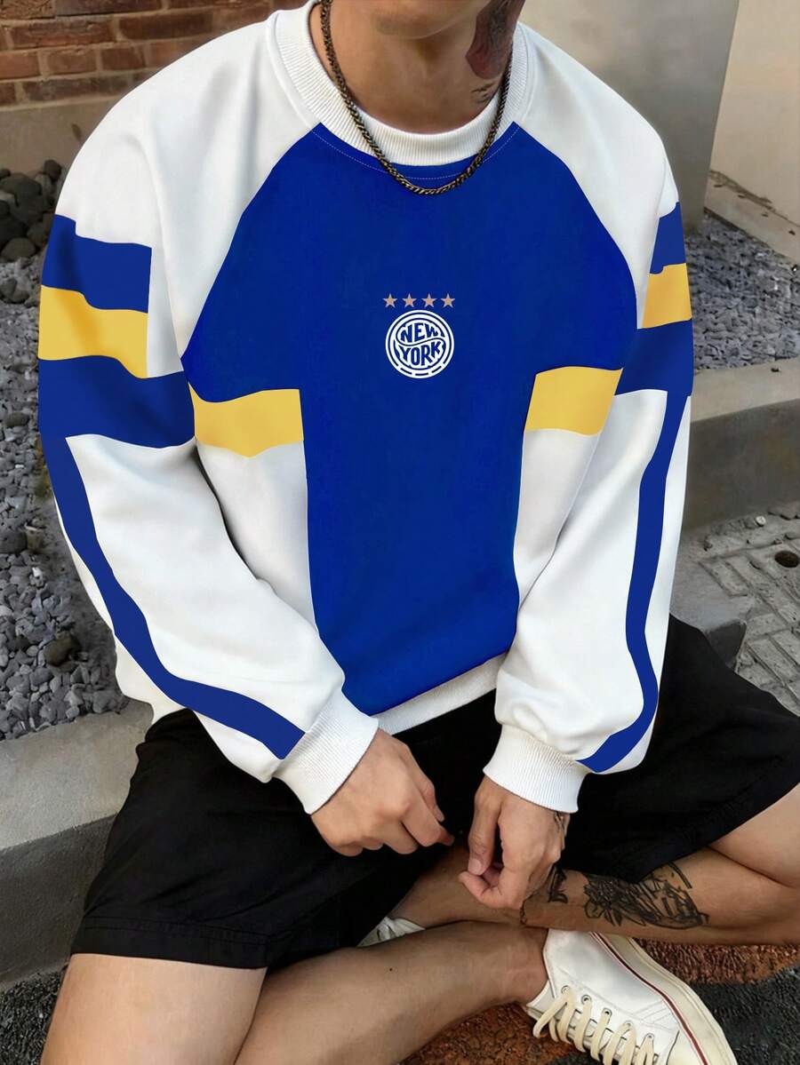 Manfinity Campus Court 美学帖——男士插肩袖运动休闲撞色套头卫衣，男士运动服，运动套装，短款学院风，宽松 - 彩色 - 查看 1