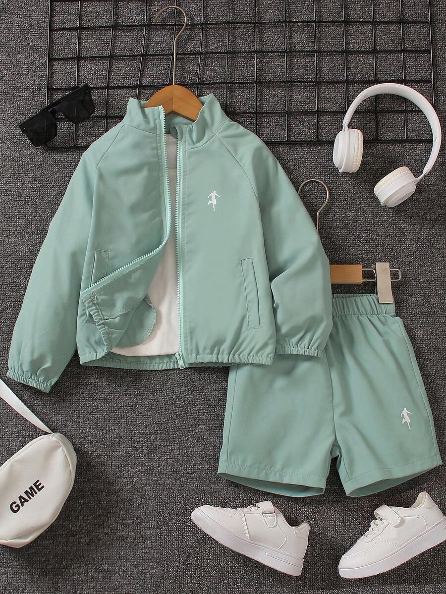 SHEIN Mirajuku Young Boy Letter Graphic Raglan Sleeve Zipper Front Jacket & Shorts Chic Outfits For Autumn/Winter - Lime Green - View 1