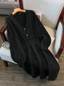 GlowEve CURVE 加大码V领灯笼袖A字加厚抽绳针织毛衣连衣裙，纯色，冬季 - 黑色 - 查看 6