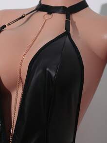 SHEIN 1件经典时尚朋克风PU项链链条装饰深V连体裤，性感女士紧身衣 - 黑色 - 查看 5