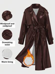 Gownix Plus Size Solid Color Lapel Double-Breasted Fashionable Versatile Warm Winter Jacket - Brown - View 13