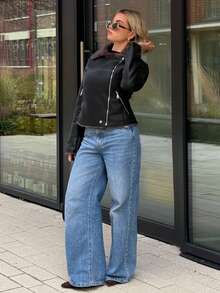 Bethéva Women's Black PU Leather Composite Faux Rabbit Fur Collar Jacket - Black - View 4