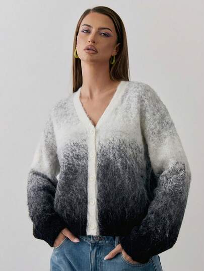 MUSERA Gradient Knit Button Up V-Neck Cardigan Y2k Spring Casual Cute 90's Sun Airport Holiday Oversized Festival Back To School Winter Everyday Chic