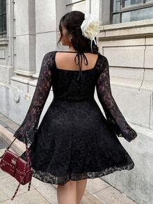 SHEIN EZwear 大码女式纯色蕾丝拼接长袖休闲连衣裙 - 黑色 - 查看 4