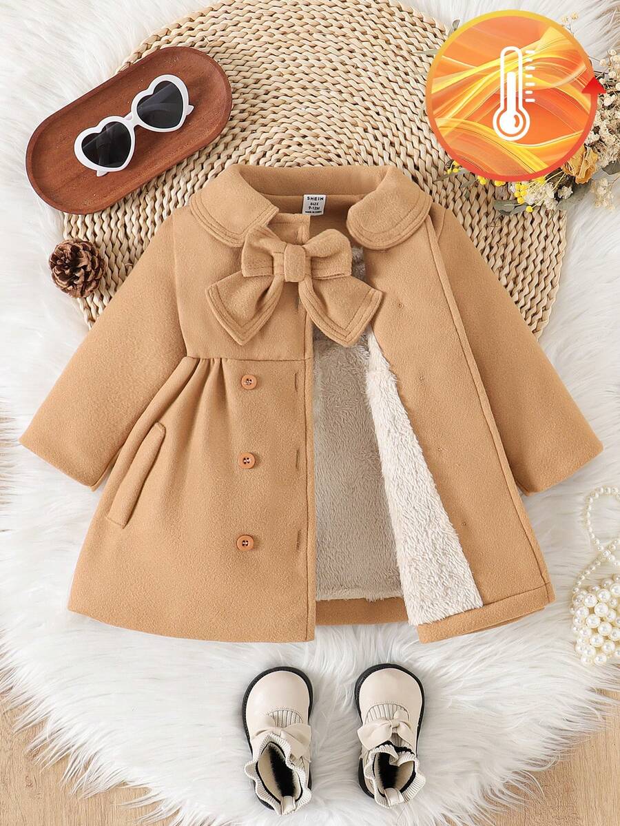 SHEIN Baby Girls' Double-Breasted Collar Bow Decor Long Sleeve Dress, Elegant Fashion Pockets Design Autumn/Winter - Brown - View 1