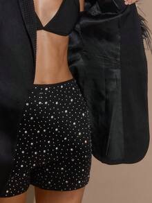 SHEIN BAE High-End Ostrich Feather Cuff Diamond-Studded Women's Blazer, Elegant Party Attire, Sophisticated Party Jacket, Perfect For Festive Occasions, Premium Blazer, Versatile Black Blazer. - Black - View 8