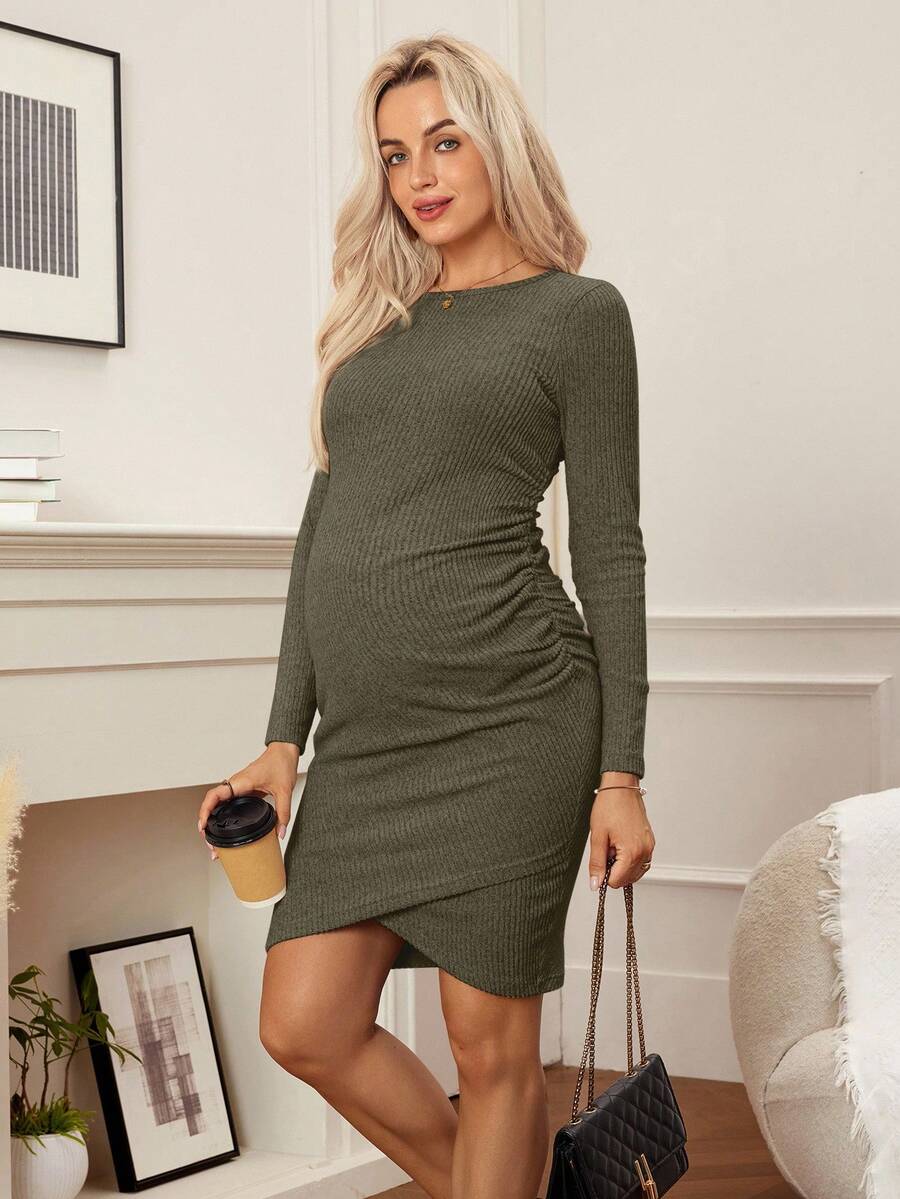 SHEIN 孕妇休闲日常通勤简约纯色罗纹褶裥修身针织连衣裙,春秋季 - 軍綠色 - 查看 1