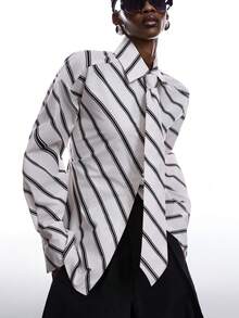 LYSMO 2025 New Arrival Minimalist Fall/Winter Women's Ultra-Wide Paded Shoulder Tie-Collar Long Sleeve Waist-Tie Shirt, Suitable For Everyday Wear, Daily Commute, Office, Siren Style, Urban Fashion Fashion Commuter Striped Tie-Waist Shirt/ Winter/Christmas/New Year /Thanksgiving - Black and White - View 5