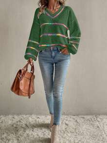 Chiquease Loose Fit Striped Knit Sweater For Women, Autumn/Winter - Green - View 3