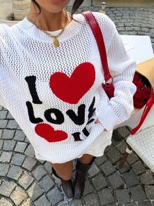 Muchica 女士爱心图案宽松毛衣，适合外出、街头风、Y2K风格、情人节和春季穿着 - 白色 - 查看 3