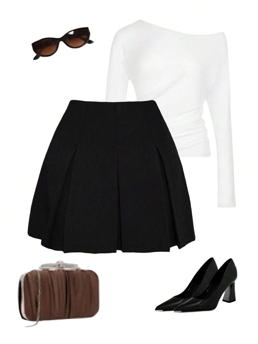 SHEIN PETITE CURVE Plus Size Women's Casual Solid Color Skirts - Black - View 1