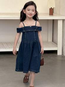 DAZY Young Girl Off-Shoulder Casual Korean Style A-Line Denim Dress - Medium Wash - View 5