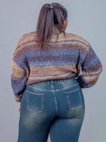 CurvyTilda Plus Size Fall Vintage Floral Print & Striped Casual Asymmetrical Neck Sweater, Autumn/Winter, Fall Sweater For Women, For Hourglass Body Shape - Multicolor - View 2