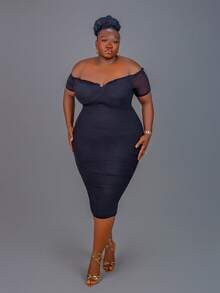 CurvyTilda Robe mi-longue élégante à épaule unique en maille stretch froncée pour femmes grandes tailles, style Y2K, tenue d'invitée de mariage, robe de Pâques, vêtements de nuit pour dames, tenues de fête, vêtements modestes, robe de cocktail, tenues de vacances, tenues d'anniversaire, robes de sortie, vêtements d'été, robe d'été mi-longue, robes d'invitée de mariage, costume des années 80, robes petites tailles, robe de remise des diplômes, tenue de concert - Noir - Voir 5