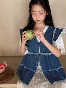 DAZY Girls' Sleeveless Denim Jacket With Bow Decor, Fall Clothes