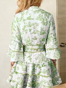 Cévolie 女士时尚休闲优雅浪漫度假印花纽扣连衣裙 - 綠色 - 查看 4