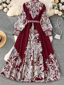 DreamSkyne Court Retro  Plus Size Elegant Romantic Open Front Lantern Sleeve A-Line Dress For Women Fall Cloth For Women - Burgundy - View 2