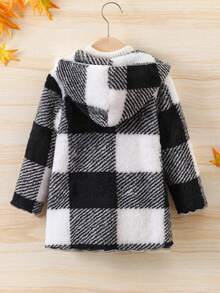 SHEIN Young Girl Buffalo Plaid Pattern Hooded Teddy Coat Without Sweater - Black - View 2