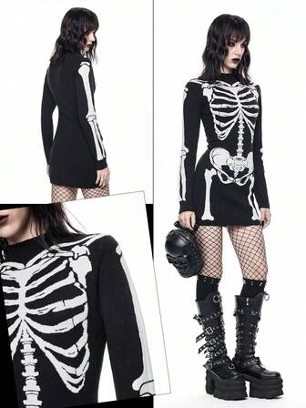 Gothic Skeleton Jacquard Knit Sweater Dress For Women