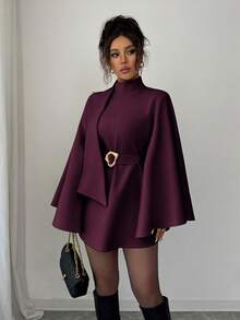 Elenzga 女士简约纯色收腰商务大衣 - 中紫紅色 - 查看 6