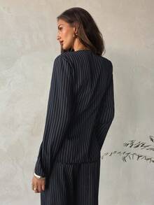 Aloruh Conjunto minimalista feminino listrado com decote em V profundo e mangas compridas + calça pantalona comprida, ideal para o dia a dia. Conjunto casual para mulheres. - Azul marinho - Ver 5