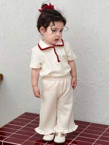 DAZY Toddler Girls' Casual Contrast Color Collar Short Sleeve Top