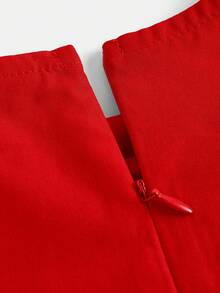SHEIN Tween Girls' Red Woven Gigot Puff Sleeve Dress With Bow,Pearl & Rhinestone Decor,Elegant For Party,Summer Short Sleeve Red Dresses For Tweens - Red - View 3