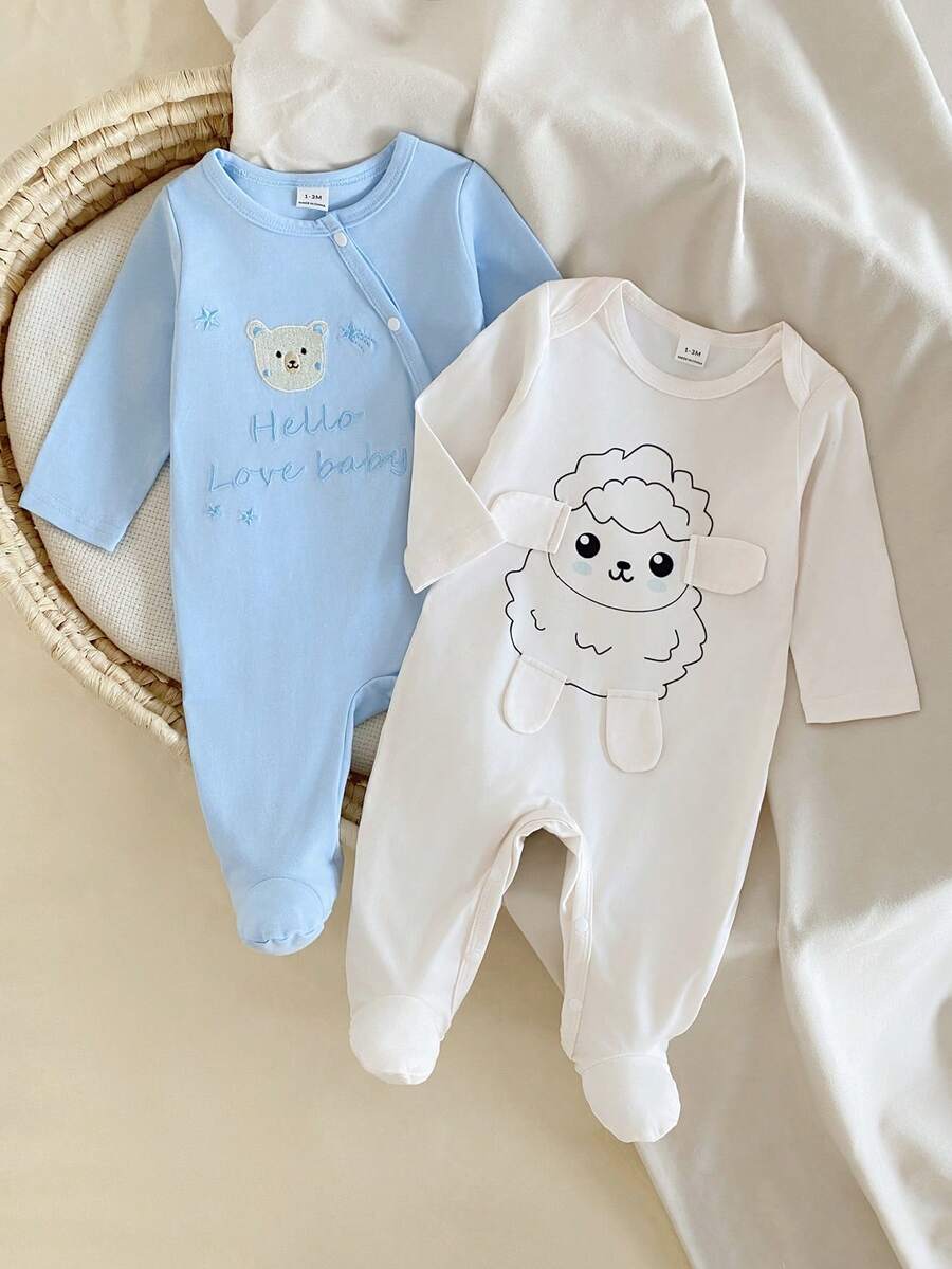 Neugeborenen Baby Schlafanzug - 2-teiliges Schlafanzug-Set mit süßem Tierdruck, Fußteil, Blau Elfenbein, Rundausschnitt, Langarm, Druckknöpfe zum leichten An- und Ausziehen, weich für alle Jahreszeiten, ideales Zuhause-Outfit, Neugeborenen-Geschenk, Feiertage 2026 - Verschiedenfarbig - Übersicht 1