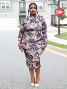 Hourglow 仿蕾丝玫瑰花卉印花休闲简约大码长袖修身连衣裙，适合夏季 - 彩色 - 查看 3