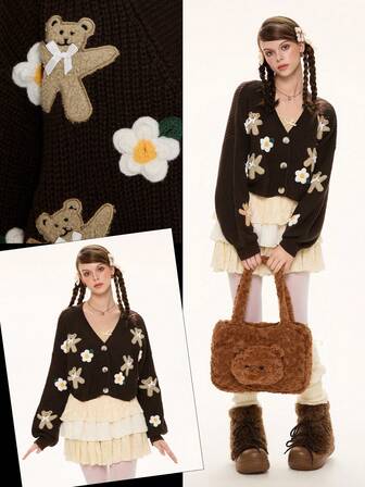 Kawaii كارديجان كنزة صوفية نسائية بياقة على شكل حرف V مطرز بالدب الجميل والزهور، بأكمام طويلة وأكتاف متدلية