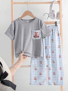 SHEIN Vintaside Kids Young BoyKorean Style Casual Western Cute Plaid Bear Pocket Tee All-Over Bear Print Pants Pajama Set Birthday Beach Summer - Light Grey - View 3